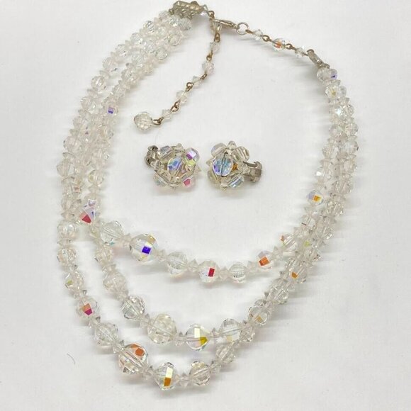 Vintage Aurora Borealis Set Graduated Bead 25" Necklace Clip On Earrings - Picture 10 of 16